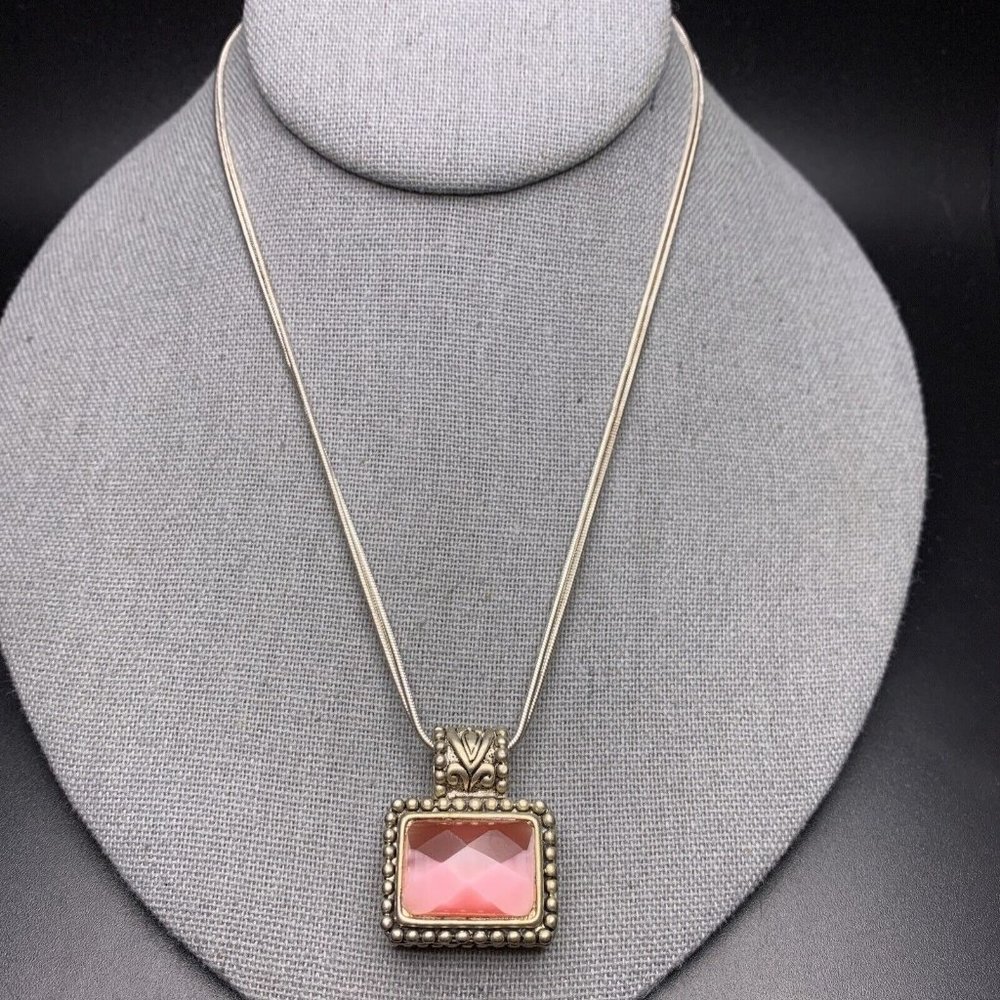 Silver Tone Pink Glass Pendant Necklace Signed MJ Scroll Design Modern Rectangle